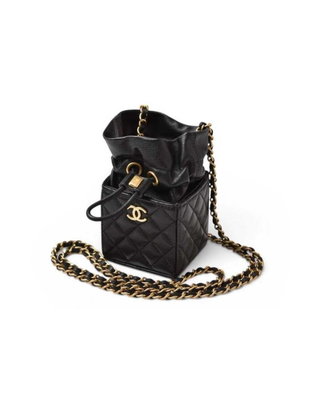 Chanel Chain Shoulder Bag Mini Cube Quilted Lambskin Black Gold